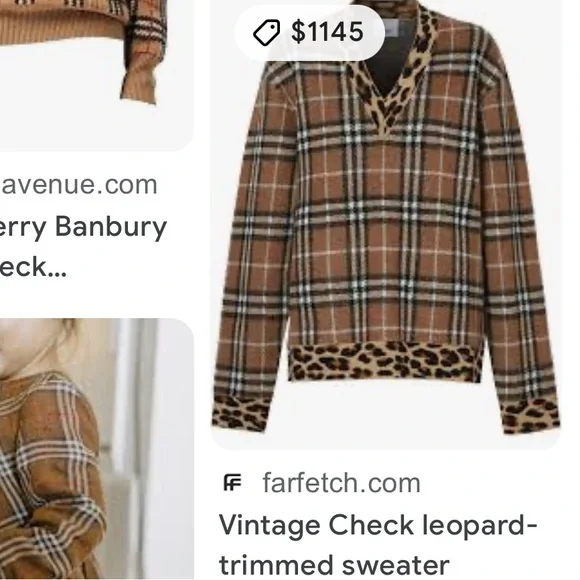 ❤️TRADED❤️ Burberry check V neck leopard trim sweater medium unisex - Picture 9 of 10